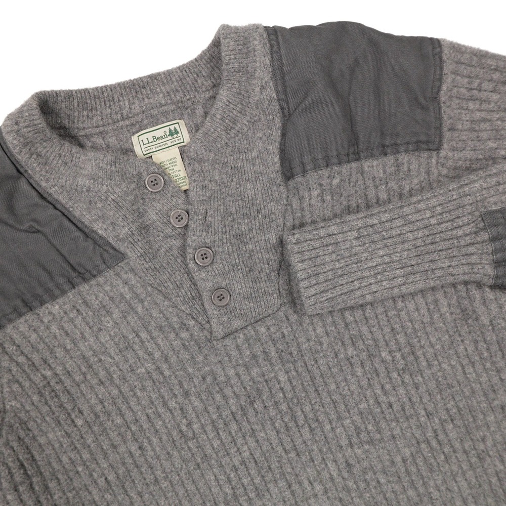 LL BEAN Men's Size XLT Grey 100% Merino Lambswool Ribbed Commando Henley Sweater